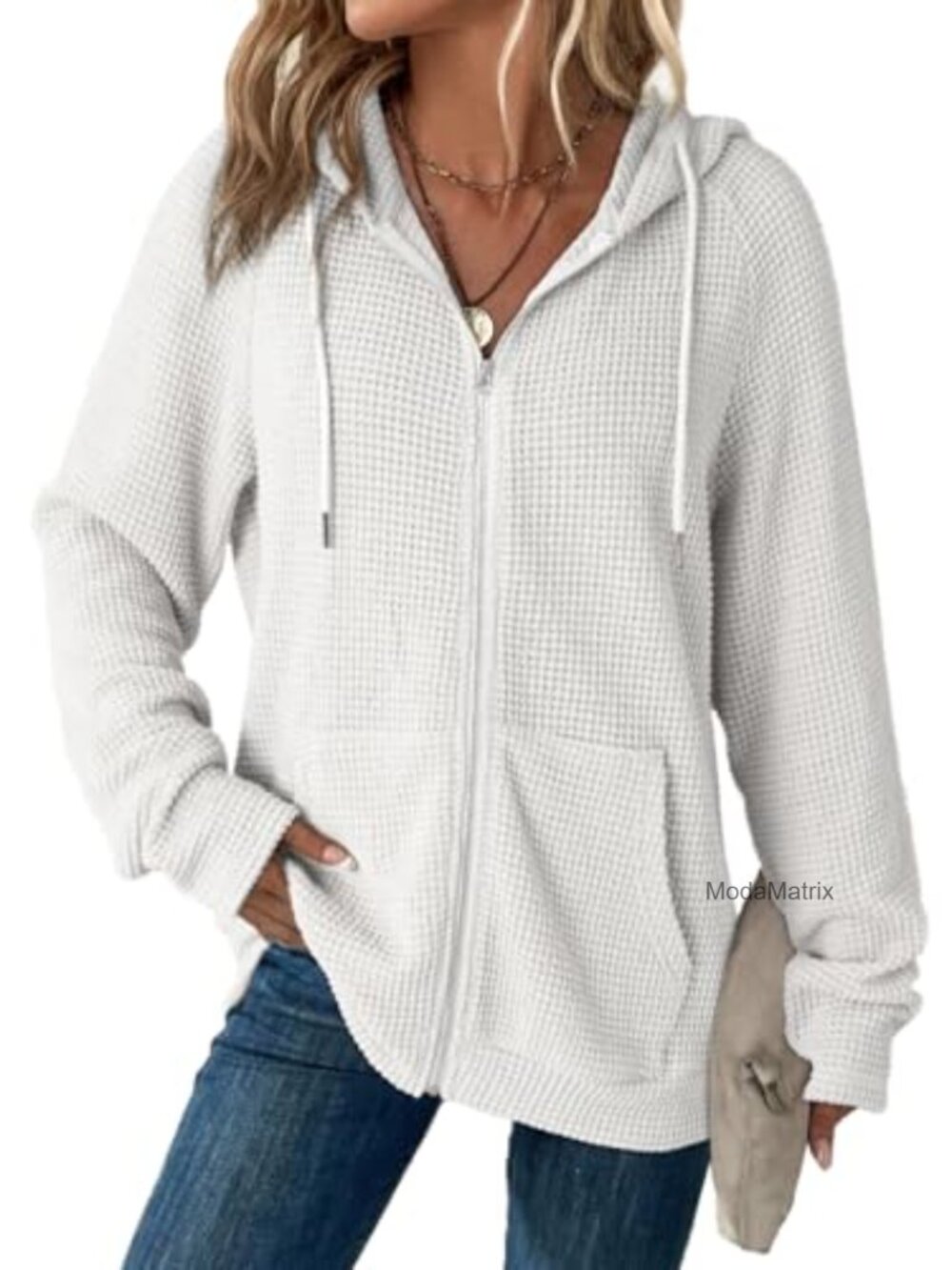 Waffle Knit Full Zip Hoodie Long Sleeve Sweatshirt Oversized
